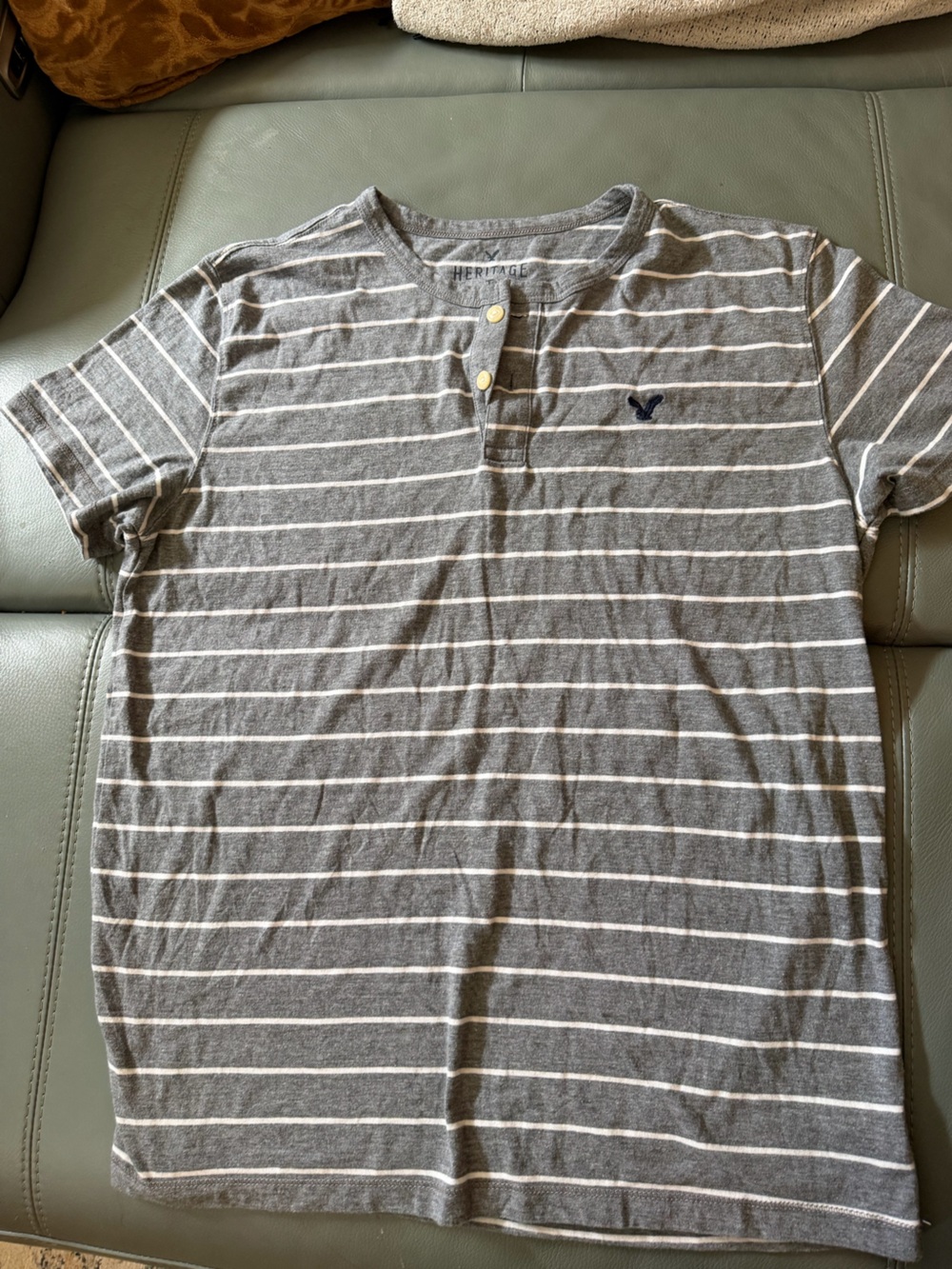 American Eagle Outfitters Gray and White Striped Henley Polo